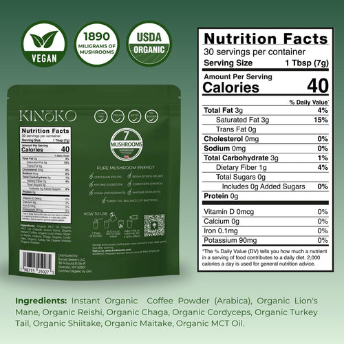 Kinoko USDA Organic Mushroom Coffee with MCT Oil Blend of 7 Adaptogenic Mushrooms – Instant Coffee Mix, USA Grown